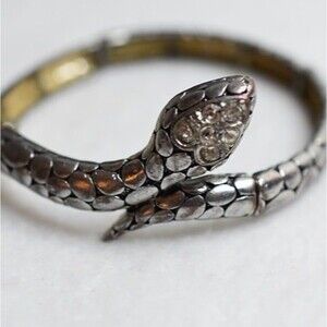 Gothic Punk Crystal Face Cobra Engraved Scales Silver Tone Coil Cuff Bracelet